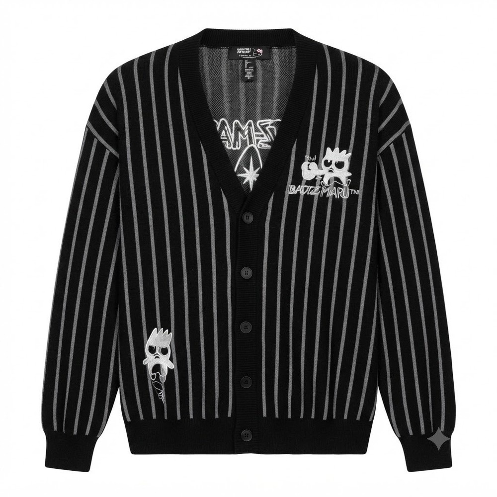 Hello Kitty & Friends x Forever 21 Badtz-Maru Striped Cardigan Mens Large Black - Picture 1 of 9